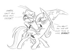 Size: 1025x729 | Tagged: safe, artist:mellodillo, imported from derpibooru, trixie, human, pony, unicorn, angry, crossover, dialogue, duo, ed edd n eddy, eddy (ed edd n eddy), female, grayscale, humans riding ponies, kathleen barr, looking at each other, looking at someone, male, mare, monochrome, riding, simple background, sketch, voice actor joke, white background, wobbling