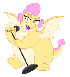 Size: 1280x1425 | Tagged: safe, artist:aleximusprime, imported from derpibooru, oc, oc only, oc:buttercream, oc:buttercream the dragon, dragon, flurry heart's story, adorafatty, bedroom eyes, belly, big belly, chubby, cute, dragon oc, dragoness, fangs, fat, female, flirting, heart shaped, microphone, microphone stand, non-pony oc, simple background, singing, solo, spread wings, transparent background, wings