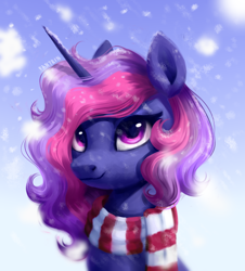 Size: 876x968 | Tagged: safe, artist:fantein, imported from derpibooru, oc, oc only, pony, unicorn, clothes, horn, scarf, snow, snowfall, solo, striped scarf, unicorn oc