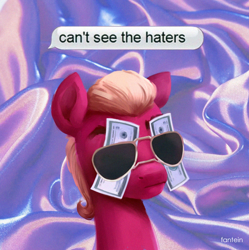 Size: 948x951 | Tagged: safe, artist:fantein, imported from derpibooru, sprout cloverleaf, earth pony, pony, bust, can't see the haters, dollars, g5, male, money, solo, stallion, sunglasses