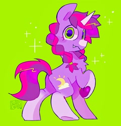 Size: 1966x2048 | Tagged: safe, artist:swirlseypop, imported from derpibooru, oc, oc only, oc:bloom moonbeam, pony, unicorn, braid, butt, chest fluff, coat markings, fangs, looking at you, looking back, looking back at you, plot, socks (coat markings), solo, sparkles