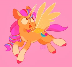 Size: 2048x1904 | Tagged: safe, artist:swirlseypop, imported from derpibooru, sunny starscout, alicorn, earth pony, pony, artificial horn, artificial wings, augmented, female, g5, horn, looking back, magic, magic horn, magic wings, mare, race swap, smiling, solo, sunnycorn, wings