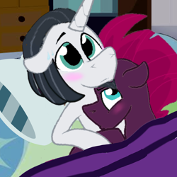 Size: 4096x4096 | Tagged: safe, artist:decokenite, artist:katnekobase, imported from derpibooru, chancellor neighsay, fizzlepop berrytwist, tempest shadow, pony, unicorn, base used, bed, bedroom eyes, bedroom ponies, bedtime, blanket, blushing, female, hug, hugging a pony, looking at something, male, pillow, shipping, stallion, straight, sweat, tempest neighsay