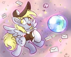 Size: 2000x1600 | Tagged: safe, artist:nedemai, imported from derpibooru, derpy hooves, pegasus, pony, atg 2022, female, mare, newbie artist training grounds, no pupils, open mouth, open smile, smiling, solo focus, space, zero gravity