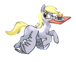 Size: 1739x1429 | Tagged: safe, artist:alumx, imported from derpibooru, derpy hooves, pegasus, pony, cafeteria tray, cute, derpabetes, female, flapping, flying, food, mare, mouth hold, muffin, simple background, smiling, solo, spread wings, that pony sure does love muffins, transparent background, tray, wings