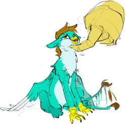 Size: 3351x3317 | Tagged: safe, artist:alumx, imported from derpibooru, oc, oc only, oc:pure gold, griffon, chest fluff, chin scratch, disembodied hand, griffon oc, hand, macro/micro, micro, simple background, sitting, tail, tail wag, transparent background