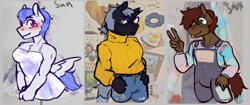 Size: 937x394 | Tagged: safe, artist:tyotheartist1, imported from derpibooru, oc, oc:smokebox soot, oc:sunstrike, oc:william moonshadow, anthro, earth pony, pegasus, unicorn, clothes, dress, earth pony oc, female, glasses, horn, male, mare, pegasus oc, stallion, tongue out, turtleneck, unicorn oc