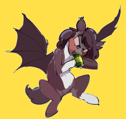 Size: 2735x2584 | Tagged: safe, artist:alumx, imported from derpibooru, oc, oc only, oc:bramble patch, bat pony, pony, bat pony oc, biting, coat markings, food, jar, pickle, pickle jar, red face, simple background, sitting, solo, spread wings, wings, yellow background