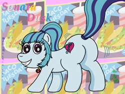 Size: 1024x772 | Tagged: safe, artist:puffydearlysmith, imported from derpibooru, sonata dusk, earth pony, pony, equestria girls, rainbow rocks, butt, female, food, gem, looking at you, mare, plot, ponified, ponytail, siren gem, smiling, sonata donk, sonataco, taco, that girl sure loves tacos, that pony sure does love tacos, that siren sure does love tacos