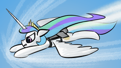 Size: 1920x1080 | Tagged: safe, artist:purblehoers, imported from derpibooru, princess celestia, alicorn, pony, determined, fast, flying, horn, jetpack, long horn, shockwave, sky, solo, sonic boom, sound barrier, spread wings, windswept mane, wings