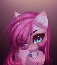 Size: 2725x3114 | Tagged: safe, artist:shenki, imported from derpibooru, pinkie pie, earth pony, pony, chest fluff, choker, eye clipping through hair, eyebrows, eyebrows visible through hair, gradient background, pinkamena diane pie, solo