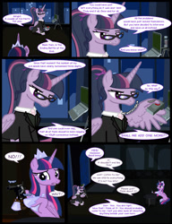Size: 1042x1358 | Tagged: safe, artist:dendoctor, imported from derpibooru, mean twilight sparkle, twilight sparkle, alicorn, pony, comic:clone.., the last problem, alternate universe, clone, clothes, comic, computer, crying, detonator, female, g4, glasses, gun, laptop computer, older, older twilight, princess twilight 2.0, self paradox, self ponidox, twilight sparkle (alicorn), weapon, wing hands, wings