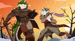 Size: 2308x1271 | Tagged: safe, artist:redxbacon, imported from derpibooru, oc, oc only, oc:aquaria lance, oc:baron, anthro, unicorn, armor, clothes, dagger, duel, duo, fight, jacket, scarf, snow, snowfall, sword, weapon