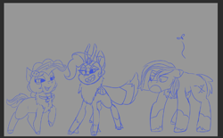 Size: 668x414 | Tagged: safe, artist:brainiac, imported from derpibooru, oc, oc:brainiac, oc:heccin pepperino, oc:whiskey lullaby, cat, cat pony, earth pony, kirin, original species, pony, brainiacs sketchbook (set), female, g5 style, mare, sketch, trio