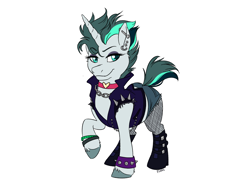 Size: 1600x1200 | Tagged: safe, artist:floots, imported from derpibooru, oc, oc only, oc:aquaria lance, pony, unicorn, bracelet, chains, clothes, collar, fishnets, jacket, jewelry, leather jacket, necklace, piercing, punk, simple background, solo, spikes, white background