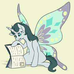Size: 1200x1200 | Tagged: safe, artist:floots, imported from derpibooru, oc, oc only, oc:aquaria lance, pony, unicorn, book, butterfly wings, confused, frown, horn, kneeling, shadow, simple background, solo, spellbook, sweat, unicorn oc, wings, yellow background
