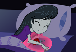 Size: 797x546 | Tagged: safe, artist:hakdurbin, imported from derpibooru, octavia melody, human, equestria girls, balloon, bed, clothes, cuddling, heart balloon, implied canon x oc, implied oc, nightgown, pajamas, pillow, sleeping, solo