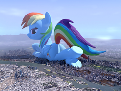 Size: 1600x1200 | Tagged: safe, artist:ravistdash, imported from derpibooru, rainbow dash, pegasus, pony, 3d, blender, butt, city, destruction, giant pony, giga giant, lying down, macro, plot, prone, rainbutt dash, solo, underhoof