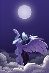 Size: 2074x3080 | Tagged: safe, artist:alrumoon_art, imported from derpibooru, oc, oc only, oc:rosalina skies, pegasus, pony, beautiful, butt freckles, choker, cloud, cloudy, commission, ear piercing, flying, freckles, high res, moon, moonlight, night, night sky, offspring, parent:coloratura, pegasus oc, piercing, purple eyes, purple sky, scenery, sky, solo, spread wings, wings, ych result