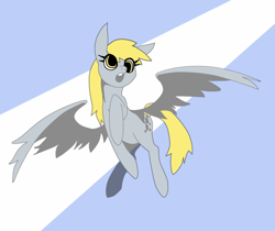 Size: 700x589 | Tagged: safe, artist:8->, imported from derpibooru, derpy hooves, pegasus, pony, :o, blue background, derp, female, mare, open mouth, simple background, solo, spread wings, wings