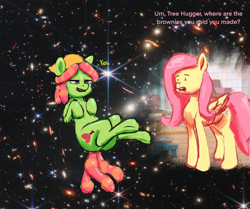 Size: 2447x2048 | Tagged: safe, artist:phutashi, imported from derpibooru, fluttershy, tree hugger, earth pony, pegasus, pony, atg 2022, dialogue, duo, high, implied drug use, implied marijuana, newbie artist training grounds, space, zero gravity