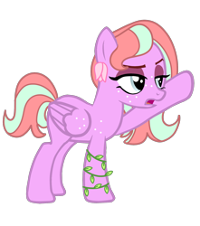 Size: 1500x1700 | Tagged: safe, artist:doctor-nasty-adopts, imported from derpibooru, oc, oc only, pegasus, pony, base used, female, flower, flower in hair, freckles, ivy (plant), lidded eyes, mare, offspring, open mouth, parent:big macintosh, parent:fluttershy, parents:fluttermac, pegasus oc, raised hoof, shoulder freckles, simple background, solo, transparent background, wing freckles, wings