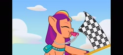 Size: 2400x1080 | Tagged: safe, imported from derpibooru, screencap, sunny starscout, earth pony, pony, spoiler:g5, spoiler:my little pony: tell your tale, spoiler:tyts01e18, blowing whistle, boat, canoe, checkered flag, equestria games, female, g5, mane stripe sunny, mare, my little pony: tell your tale, on your cutie marks, puffy cheeks, referee, referee sunny starscout, solo, sunny's referee whistle, that pony sure does love whistles, whistle, whistle necklace