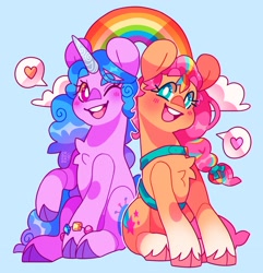 Size: 2798x2899 | Tagged: safe, artist:cocopudu, imported from derpibooru, izzy moonbow, sunny starscout, earth pony, pony, unicorn, blue background, chest fluff, cute, duo, female, g5, izzybetes, mare, one eye closed, open mouth, open smile, pictogram, rainbow, simple background, smiling, sunnybetes, unshorn fetlocks, wink