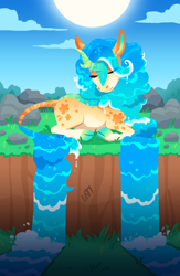 Size: 520x800 | Tagged: safe, artist:lastnight-light, imported from derpibooru, oc, oc only, oc:starfruit surf, kirin, eyes closed, female, lying down, prone, solo, sun, water, water mane, waterfall