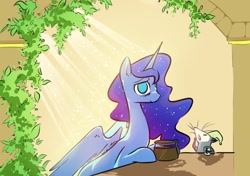 Size: 2752x1942 | Tagged: safe, artist:manicpanda, imported from derpibooru, princess luna, tiberius, alicorn, opossum, pony, bags under eyes, coffee, coffee pot, crepuscular rays, duo, female, hat, male, mare, nightcap, smiling, tired, yawn