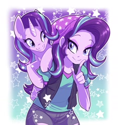 Size: 1709x1818 | Tagged: safe, artist:fizzy-dog, imported from derpibooru, starlight glimmer, human, pony, unicorn, equestria girls, beanie, clothes, cute, duo, glimmerbetes, hat, human ponidox, lidded eyes, looking at someone, looking at you, self paradox, self ponidox, smiling, stars
