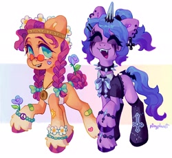 Size: 2048x1882 | Tagged: safe, artist:p0nyplanet, imported from derpibooru, izzy moonbow, sunny starscout, earth pony, pony, unicorn, alternate hairstyle, bow, bracelet, choker, clothes, ear piercing, earring, eyes closed, fangs, flower, flower in hair, g5, goth, goth izzy, happy, headband, hippie, jewelry, piercing, shirt, smiling, spiked choker, stockings, sunglasses, thigh highs