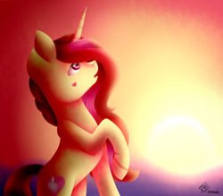 Size: 1600x1400 | Tagged: safe, artist:prettyshinegp, imported from derpibooru, oc, oc only, pony, unicorn, female, horn, looking up, mare, raised hoof, signature, solo, sunset, unicorn oc