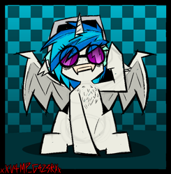 Size: 1360x1386 | Tagged: safe, artist:xxv4mp_g4z3rxx, imported from derpibooru, dj pon-3, vinyl scratch, bat pony, bat pony unicorn, hybrid, pony, unicorn, bags under eyes, bat ponified, bat wings, blue background, checkered background, chest fluff, fangs, female, front view, headphones, horn, looking up, mare, race swap, signature, simple background, sitting, smiling, solo, spread wings, two toned mane, vinyl the vampire, vinyl's glasses, white coat, wings