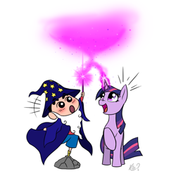 Size: 1080x1065 | Tagged: safe, artist:questionmarkdragon, imported from derpibooru, twilight sparkle, human, pony, unicorn, 2021, anime, crayon shin-chan, crossover, duo, female, glowing, glowing horn, hat, horn, looking back, male, mare, old art, shinchan, signature, simple background, smiling, unicorn twilight, white background, wizard, wizard hat