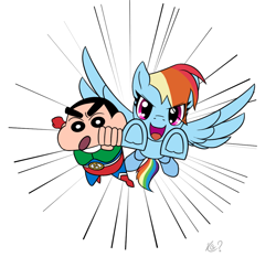 Size: 1112x1037 | Tagged: safe, artist:questionmarkdragon, imported from derpibooru, rainbow dash, human, pegasus, pony, 2021, :d, anime, clothes, crayon shin-chan, crossover, duo, eyelashes, female, flying, mare, old art, open mouth, open smile, shinchan, signature, simple background, smiling, underhoof, white background