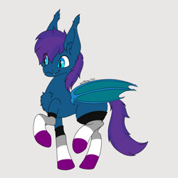 Size: 1280x1280 | Tagged: safe, artist:zackwhitefang, imported from derpibooru, oc, oc only, oc:stardust(cosmiceclipse), bat pony, pony, asexual pride flag, bat pony oc, bat wings, chest fluff, clothes, commission, concave belly, cute, cute little fangs, digital art, fangs, pride, pride flag, raised hoof, raised leg, simple background, socks, solo, stockings, striped socks, tail, thigh highs, walk cycle, walking, wings