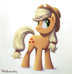 Size: 1416x1470 | Tagged: safe, artist:thebowtieone, imported from derpibooru, applejack, earth pony, pony, cute, female, full body, hooves, jackabetes, mare, shading, signature, simple background, smiling, solo, standing, tail, white background