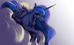 Size: 3414x2093 | Tagged: safe, artist:aquaticvibes, imported from derpibooru, princess luna, alicorn, pony, cloud, female, lidded eyes, looking at you, lying down, lying on a cloud, mare, missing accessory, on a cloud, smiling, smiling at you, solo