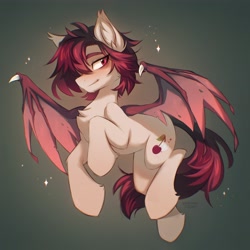 Size: 3220x3220 | Tagged: safe, artist:kirionek, imported from derpibooru, oc, oc only, oc:crimm harmony, bat pony, pony, bat pony oc, chest fluff, commission, fangs, flying, gradient background, looking at you, male, sidemouth, smiling, smirk, solo, spread wings, stallion, wings