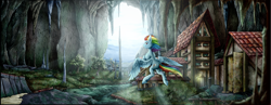 Size: 4500x1744 | Tagged: safe, artist:vendigo, imported from derpibooru, rainbow dash, pegasus, pony, building, cave, female, flying, mare, older, older rainbow dash, scenery, scenery porn, smiling, solo, spread wings, wings