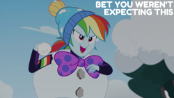 Size: 1920x1080 | Tagged: safe, edit, edited screencap, editor:quoterific, imported from derpibooru, screencap, rainbow dash, human, equestria girls, equestria girls series, holidays unwrapped, spoiler:eqg series (season 2), clothes, costume, female, open mouth, open smile, saving pinkie's pie, smiling, snow, snowball, snowball fight, solo, text, tree