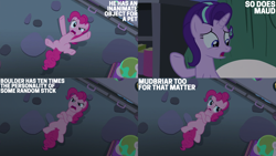 Size: 4400x2475 | Tagged: safe, edit, edited screencap, editor:quoterific, imported from derpibooru, screencap, pinkie pie, starlight glimmer, earth pony, pony, unicorn, season 8, the maud couple, spoiler:s08, crossed hooves, duo, female, horn, implied maud pie, mare, open mouth, text