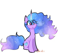 Size: 738x653 | Tagged: safe, artist:petaltwinkle, imported from derpibooru, izzy moonbow, pony, unicorn, ethereal mane, eye clipping through hair, female, g5, horn, mare, simple background, sitting, solo, white background