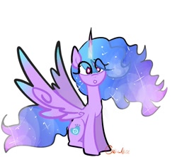 Size: 738x653 | Tagged: safe, artist:petaltwinkle, imported from derpibooru, izzy moonbow, alicorn, pony, alicornified, ethereal mane, eye clipping through hair, female, g5, horn, izzycorn, mare, race swap, simple background, sitting, solo, spread wings, white background, wings