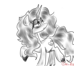 Size: 738x653 | Tagged: safe, artist:petaltwinkle, imported from derpibooru, izzy moonbow, pony, unicorn, eye clipping through hair, female, g5, grayscale, horn, mare, monochrome, raised hoof, raised leg, simple background, solo, white background