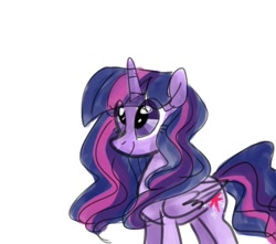 Size: 738x653 | Tagged: safe, artist:petaltwinkle, imported from derpibooru, twilight sparkle, alicorn, pony, alternate hairstyle, eye clipping through hair, female, folded wings, horn, mare, simple background, solo, twilight sparkle (alicorn), white background, wings