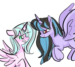 Size: 1102x979 | Tagged: safe, artist:petaltwinkle, imported from derpibooru, oc, oc only, alicorn, pony, alicorn oc, duo, duo female, eye clipping through hair, female, flying, horn, looking at each other, looking at someone, mare, raised hoof, simple background, spread wings, white background, wings