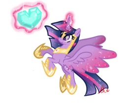 Size: 738x653 | Tagged: safe, artist:petaltwinkle, imported from derpibooru, twilight sparkle, alicorn, pony, crystal heart, eye clipping through hair, female, glowing, glowing horn, heart, horn, jewelry, looking at something, magic, magic aura, mare, regalia, simple background, solo, spread wings, telekinesis, twilight sparkle (alicorn), white background, wings