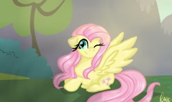 Size: 738x438 | Tagged: safe, artist:petaltwinkle, imported from derpibooru, fluttershy, pegasus, pony, bush, cute, daaaaaaaaaaaw, female, lying down, mare, one eye closed, outdoors, prone, shyabetes, solo, spread wings, tree, wings, wink